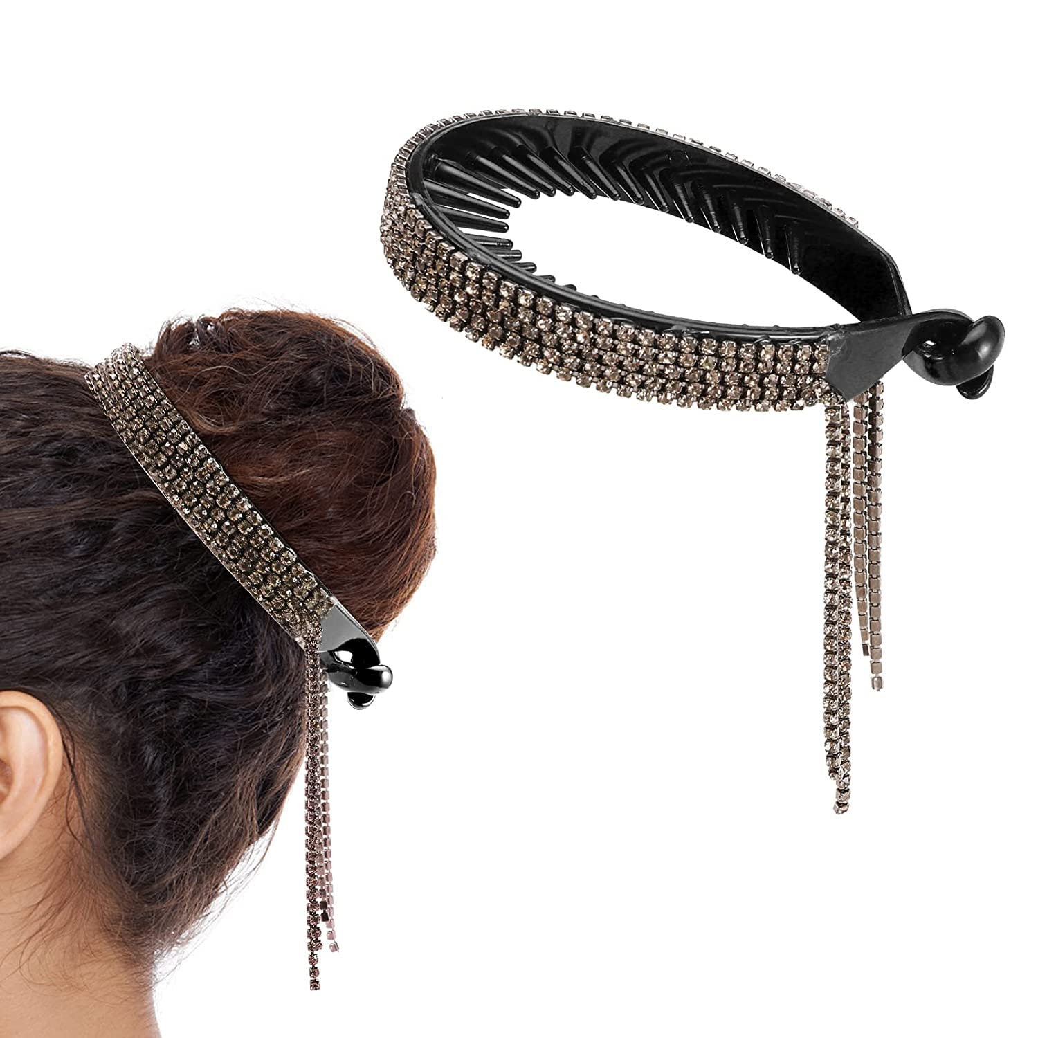 EPARTY Rhinestone Hair Clips - Tassel Ponytail Holder, Claw Grip Hair Clamps for Thick or Long Hair, Glitter Bun Accessories (Black Diamonds, Semicircular) - Perfect for Parties, Weddings & Everyday Styling