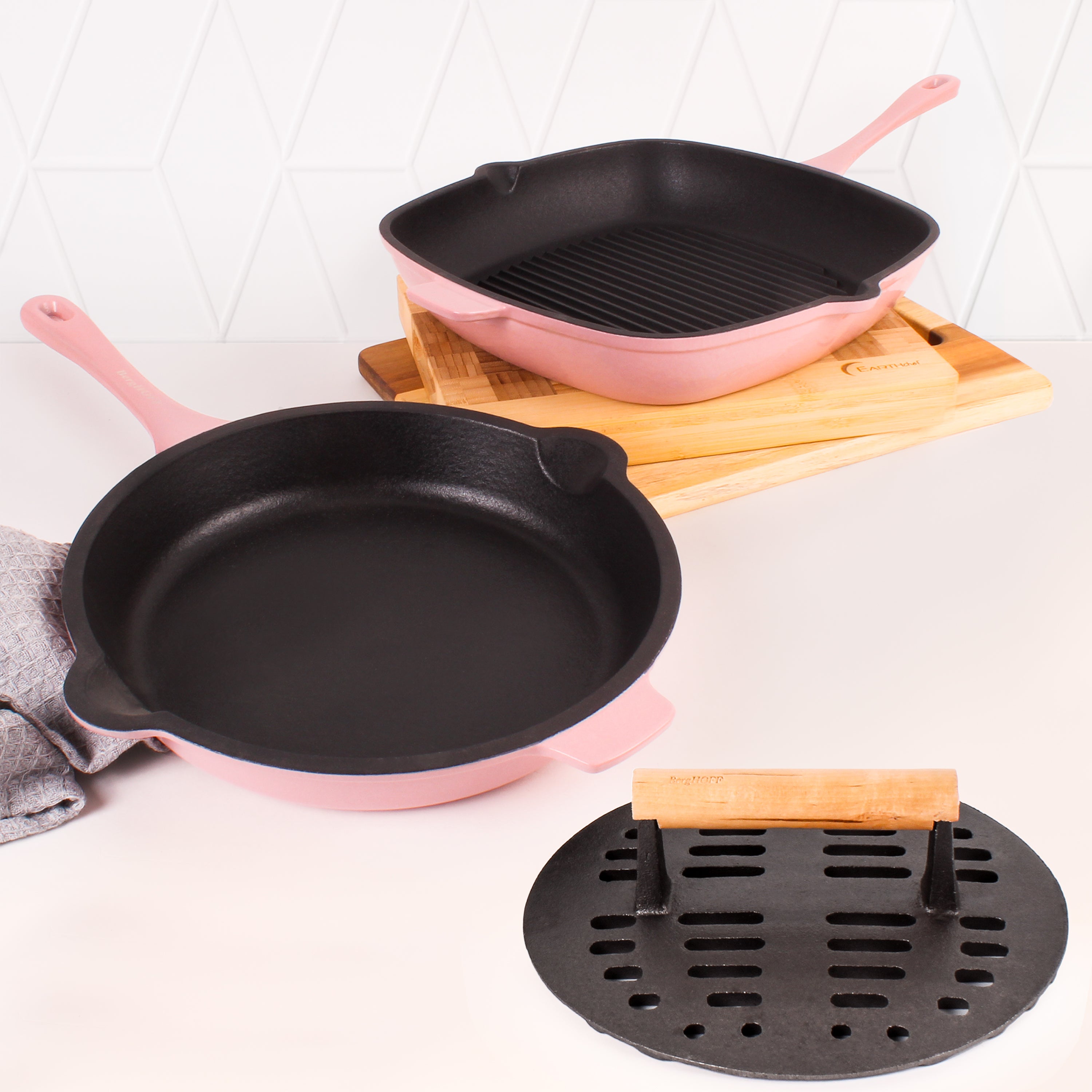 BergHOFF Neo 3-Piece Cast Iron Cookware Set - Pink Skillet, Grill Pan & Slotted Steak Press | Non-Stick, Even Heat Distribution | Perfect for Stovetop, Oven & Outdoor Cooking