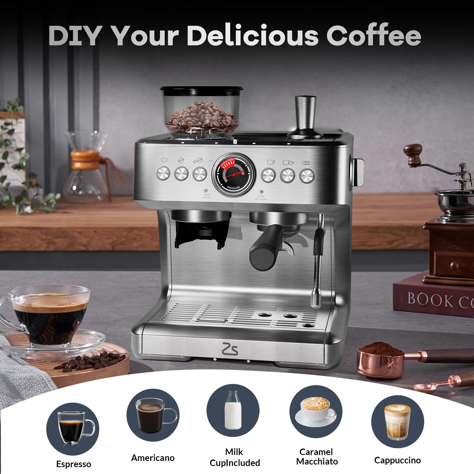 Professional 20 Bar Stainless Steel Espresso Coffee Machine with Built-in Grinder & Milk Frother - 2.8L Water Tank for Barista-Quality Espresso, Latte & Cappuccino - Perfect for Home Coffee Shops & Office Break Rooms (Silver)