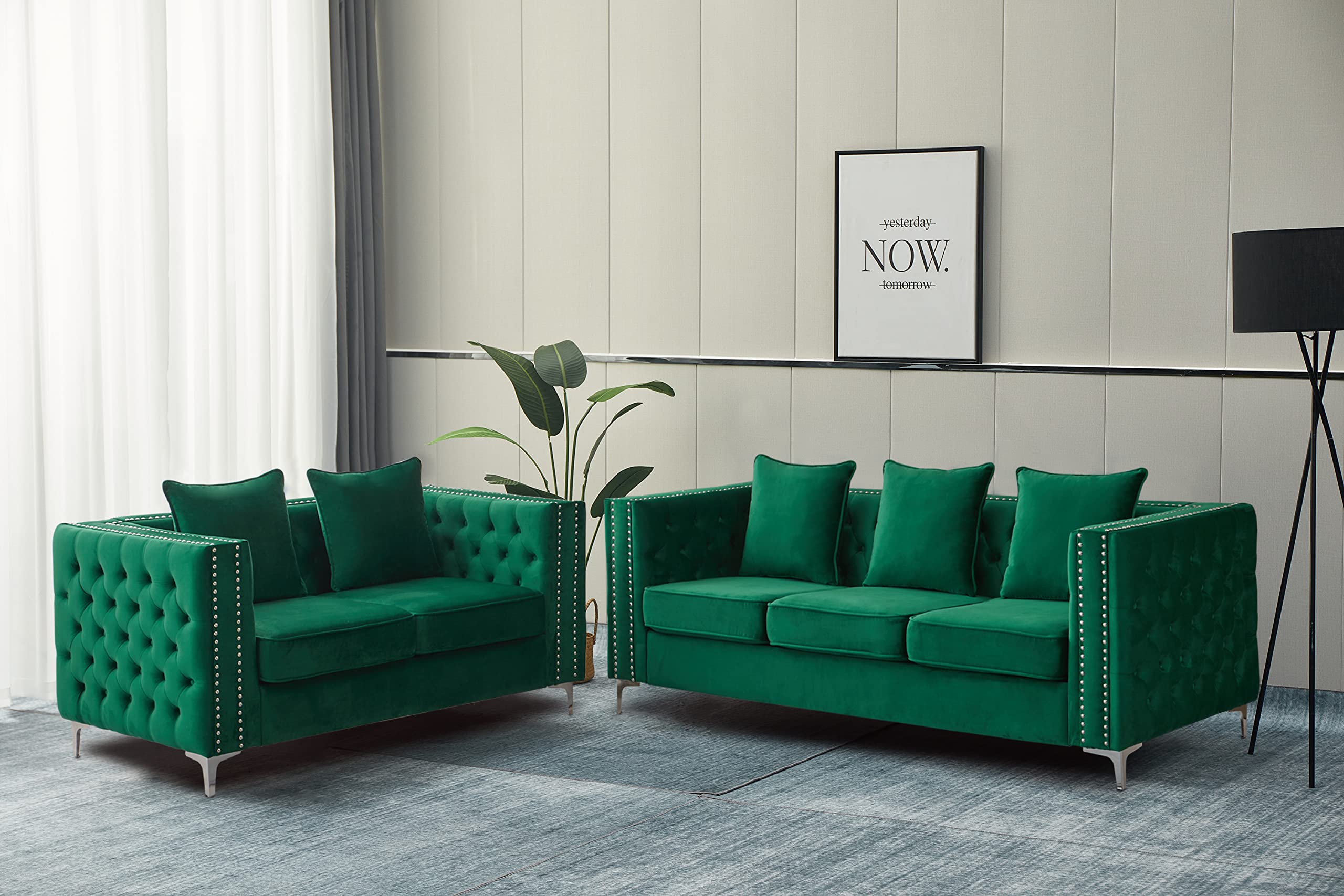 Mid-Century Modern Velvet Loveseat Sofa - Tufted Couch with Metal Legs for Living Room, Office & Bedroom - Emerald Green - Perfect for Small Spaces, Reading Nooks & Cozy Apartment Decor