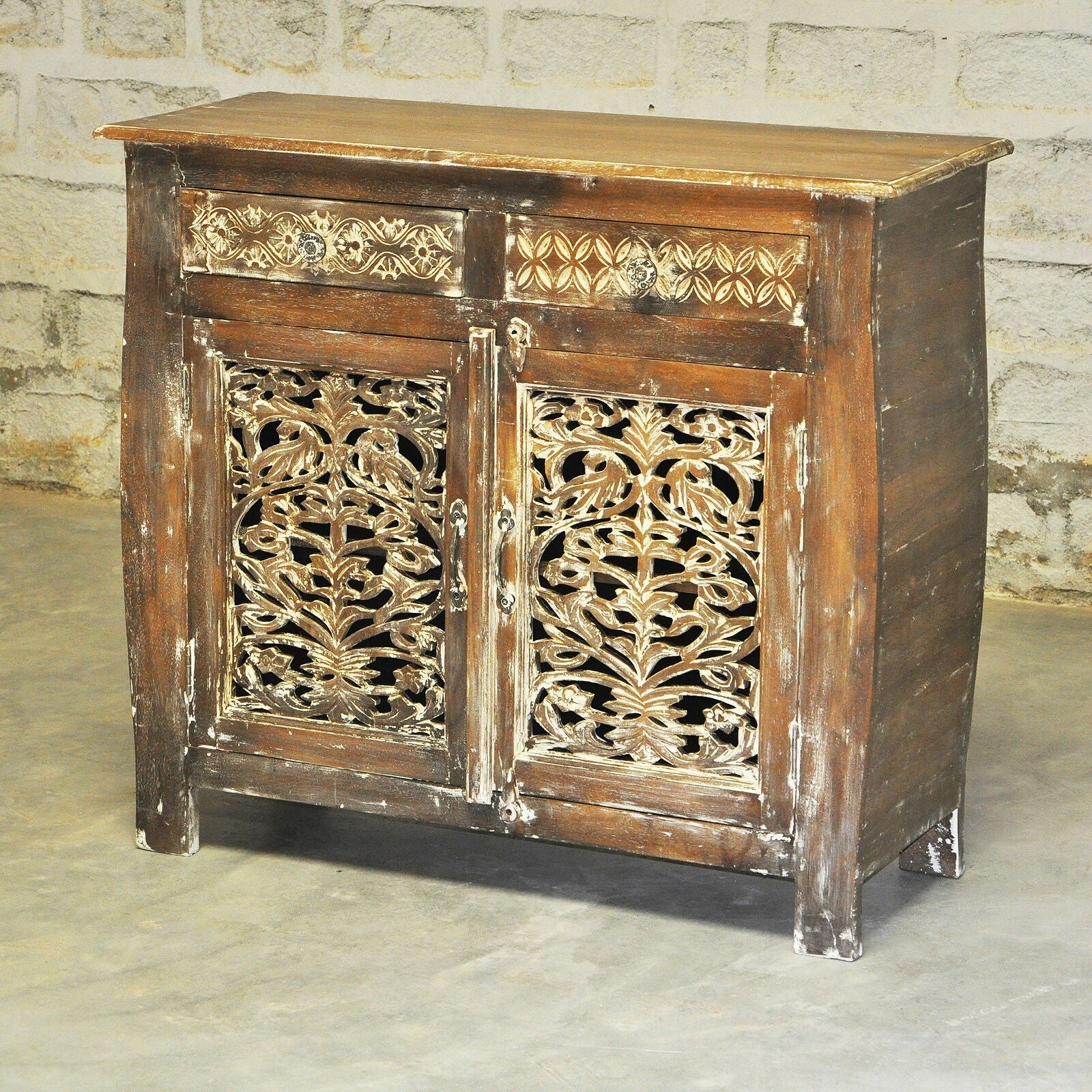 French Colonial Solid Wood Jali Carved Sideboard - Antique Brown Buffet Cabinet for Dining Room, Living Room & Entryway Storage