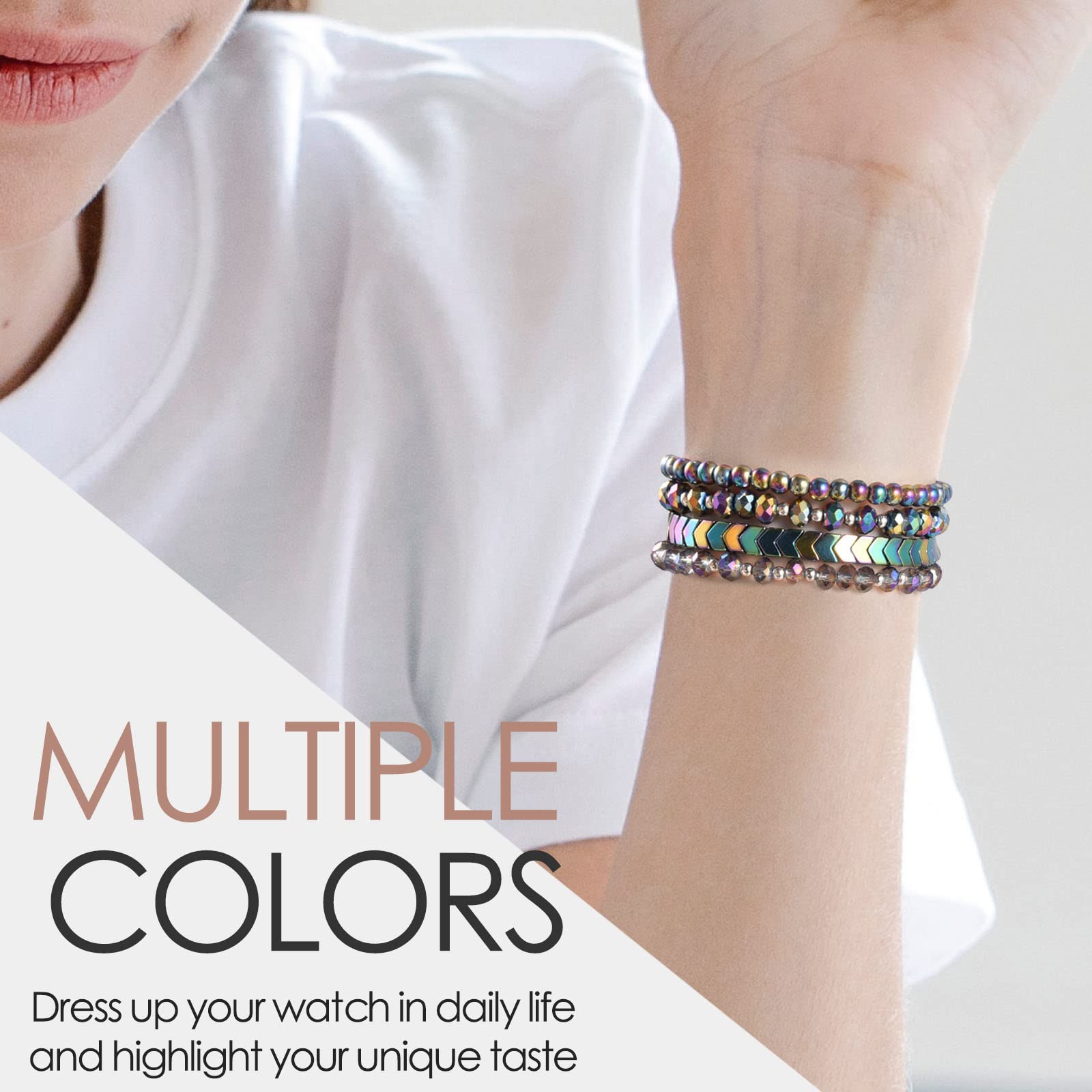 MOFREE Beaded Stretch Bracelet Compatible with Apple Watch 40mm/38mm/41mm (Series 7/SE/6/5/4/3/2/1) - Handmade Elastic Fashion Band for Women - Perfect for Workouts, Office Wear & Casual Outfits