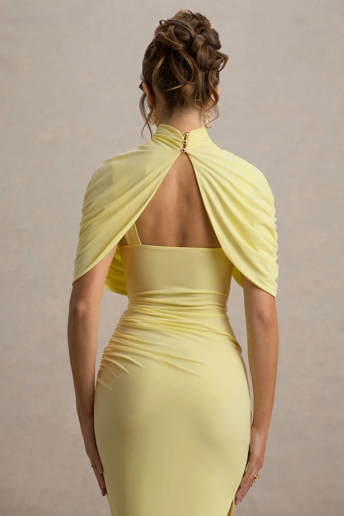 Elegant Asymmetric Cape Ruched Midi Dress in Yellow - Perfect for Cocktail Parties, Date Nights & Special Occasions