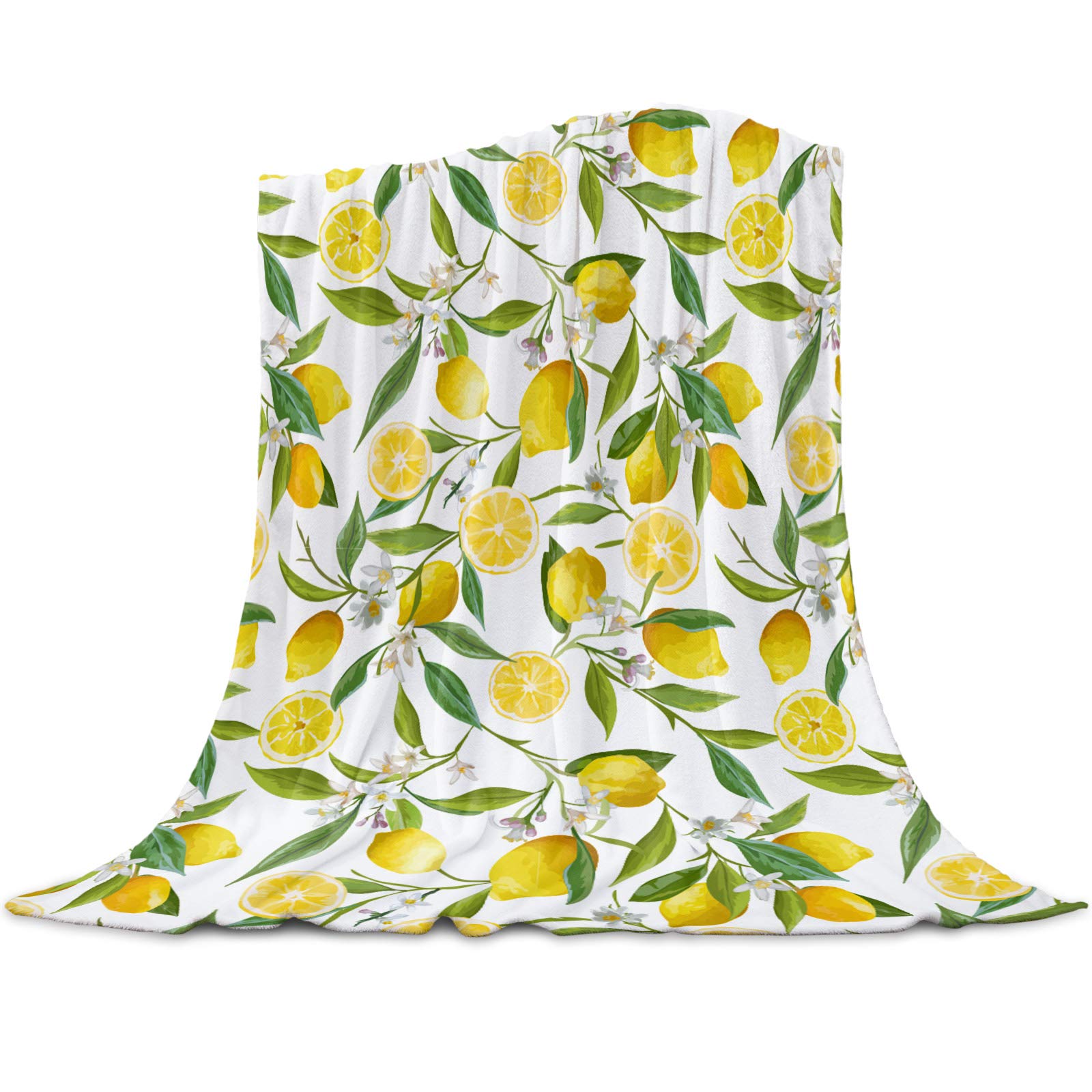 Greeeen Plush Fleece Throw Blanket - Ultra Soft & Warm Reversible Blanket for Bed, Couch, Sofa - 49x79 Inch Cozy Lemon Decor - Perfect for Home, Office & Travel