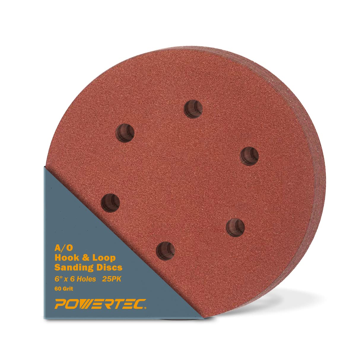 POWERTEC 60 Grit 6 Inch Sanding Discs - 25 Pack Hook & Loop Aluminum Oxide Sandpaper Pads for Woodworking, Paint & Metal - Compatible with Random Orbital, Air, Pneumatic & DA Sanders - Perfect for Sanding Furniture, Floors & Auto Body Repair (45206)