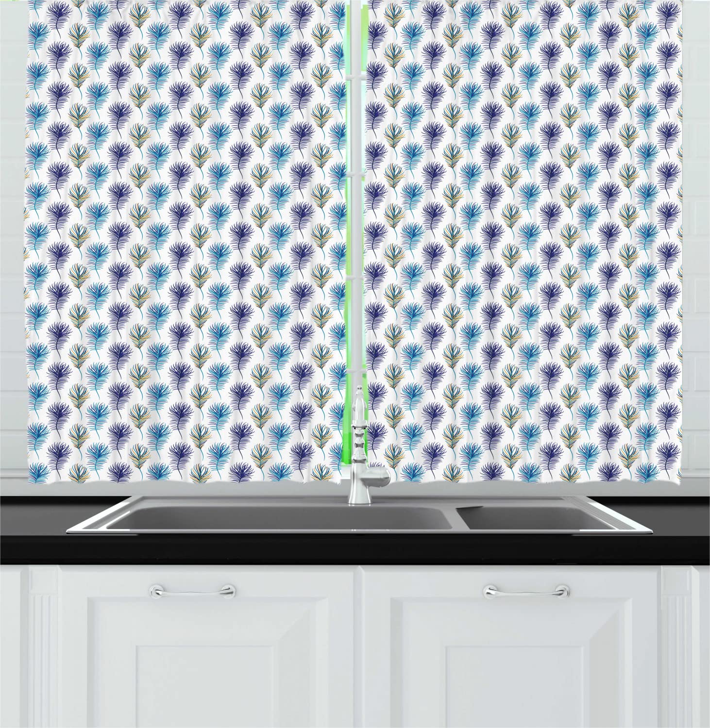 Ambesonne Peacock Long Kitchen Curtains - Elegant Line Art Feather Design, 2 Panel Rod Pocket Drapes for Windows, 55