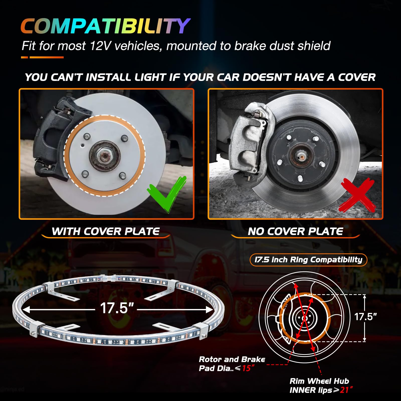 Nilight 4PCS 17.5inch RGB LED Wheel Ring Lights with APP & Remote Control - Dual Row Neon Lights with Turn Signal & Braking Function for Cars, SUVs, Trucks & Vans - Perfect for Off-Roading, Car Shows & Night Driving