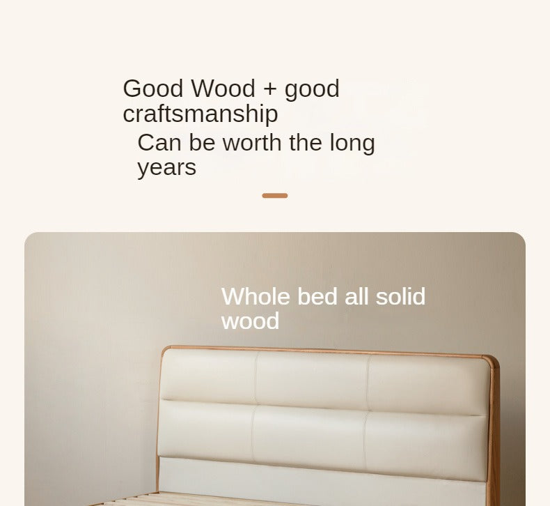 Solid Oak Wood Genuine Leather Upholstered Soft Bed - Perfect for Master Bedroom, Guest Room & Cozy Home Decor
