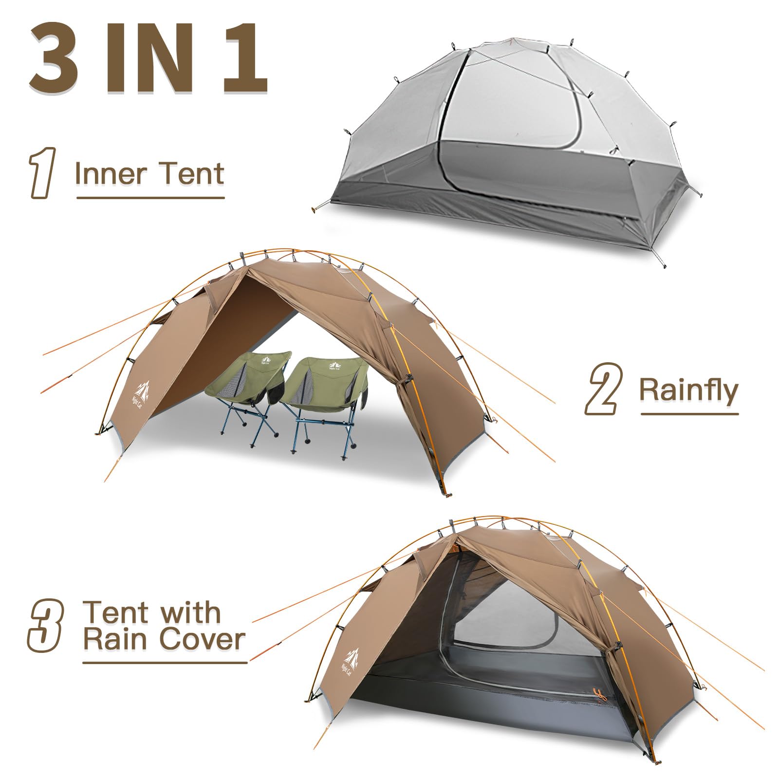 Night Cat 2-Person Backpacking Tent - Fast Setup, Lightweight & Waterproof Hiking Camping Tent with Foldable Poles, Double Layers & Dual Doors (7x4.4ft) - Perfect for Backpacking, Hiking & Outdoor Adventures