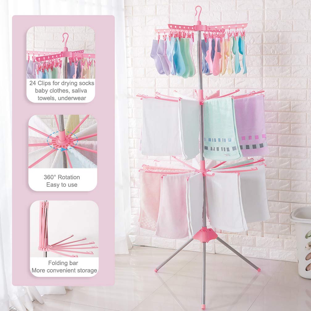 Hershii Foldable Clothes Drying Rack - 3-Tier Standing Garment Hanger with 24 Clips & 32 Towel Bars | Space Saving Laundry Organizer for Baby Clothes, Socks, Bibs, Underwear, Diapers | Perfect for Small Apartments, Dorms & RVs (Pink)