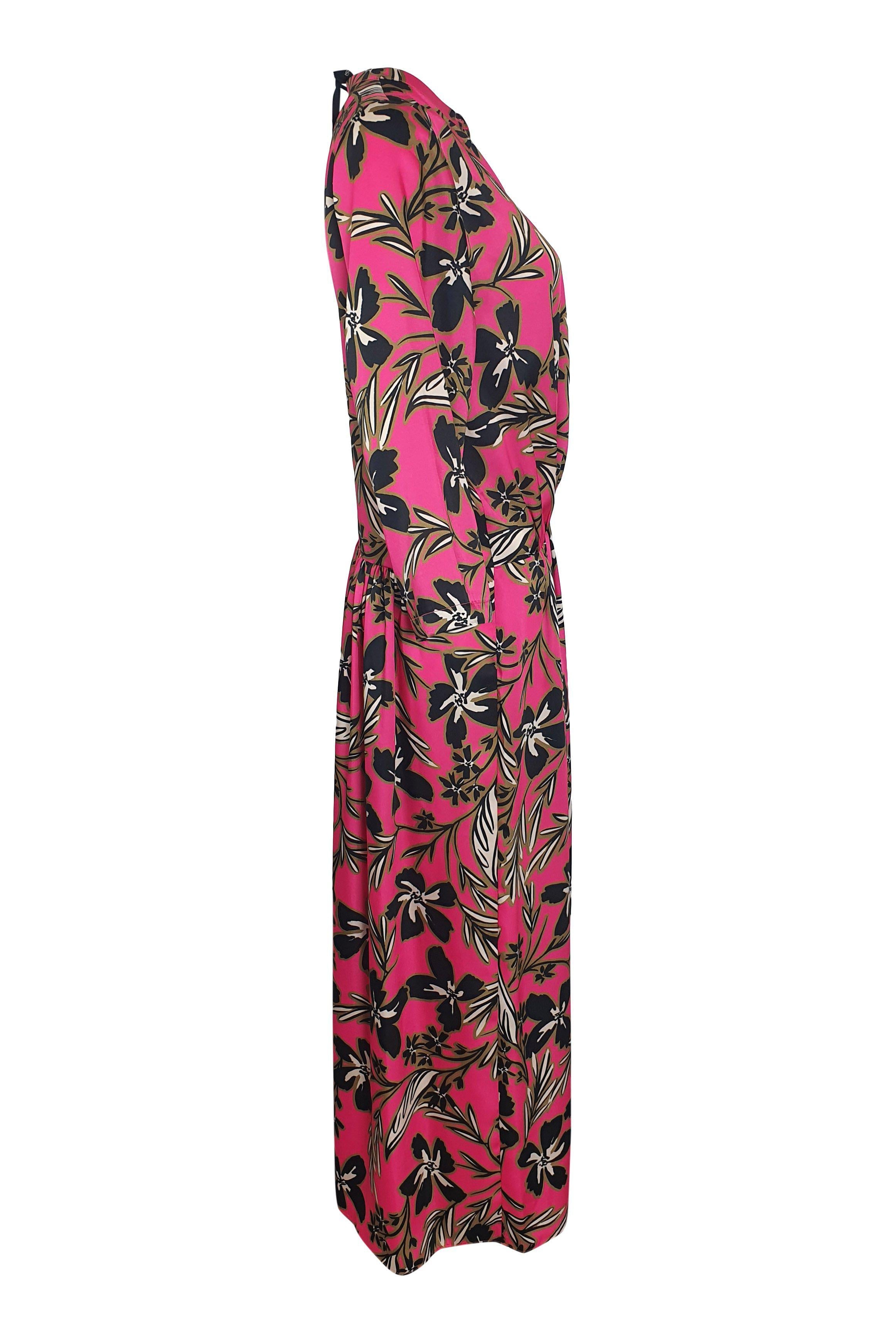 ALYSI CHOCOLAT Fuchsia Pink 3/4 Sleeve Floral Print Midi Dress - Women's Plus Size IT 42 (US 12) - Elegant Cocktail Party & Spring Wedding Guest Outfit