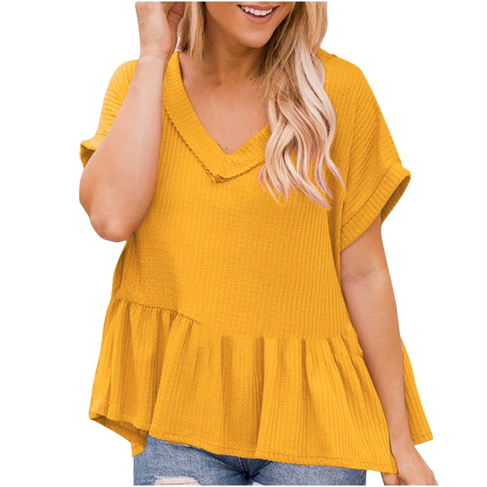 Women's Fashion Summer V-Neck Ruffle Short Sleeve Blouse - Cute Casual T-Shirt & Babydoll Top - Plus Size Loose Dressy Shirt for Beach, Party & Everyday Wear
