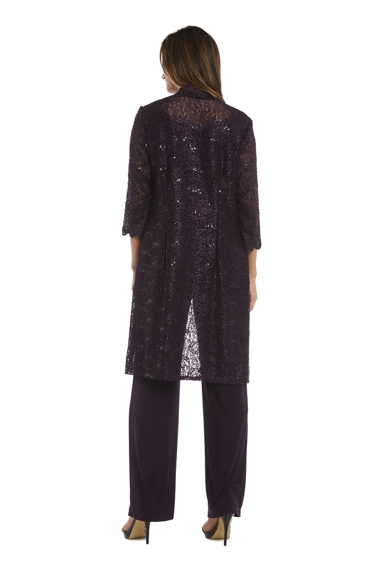 R&M Richards Women's 3 Piece Scalloped Sequin Lace Pant Suit - Elegant Mother of The Bride Outfit (Plum, Size 10) | Formal Wedding Guest Attire & Special Occasion Ensemble