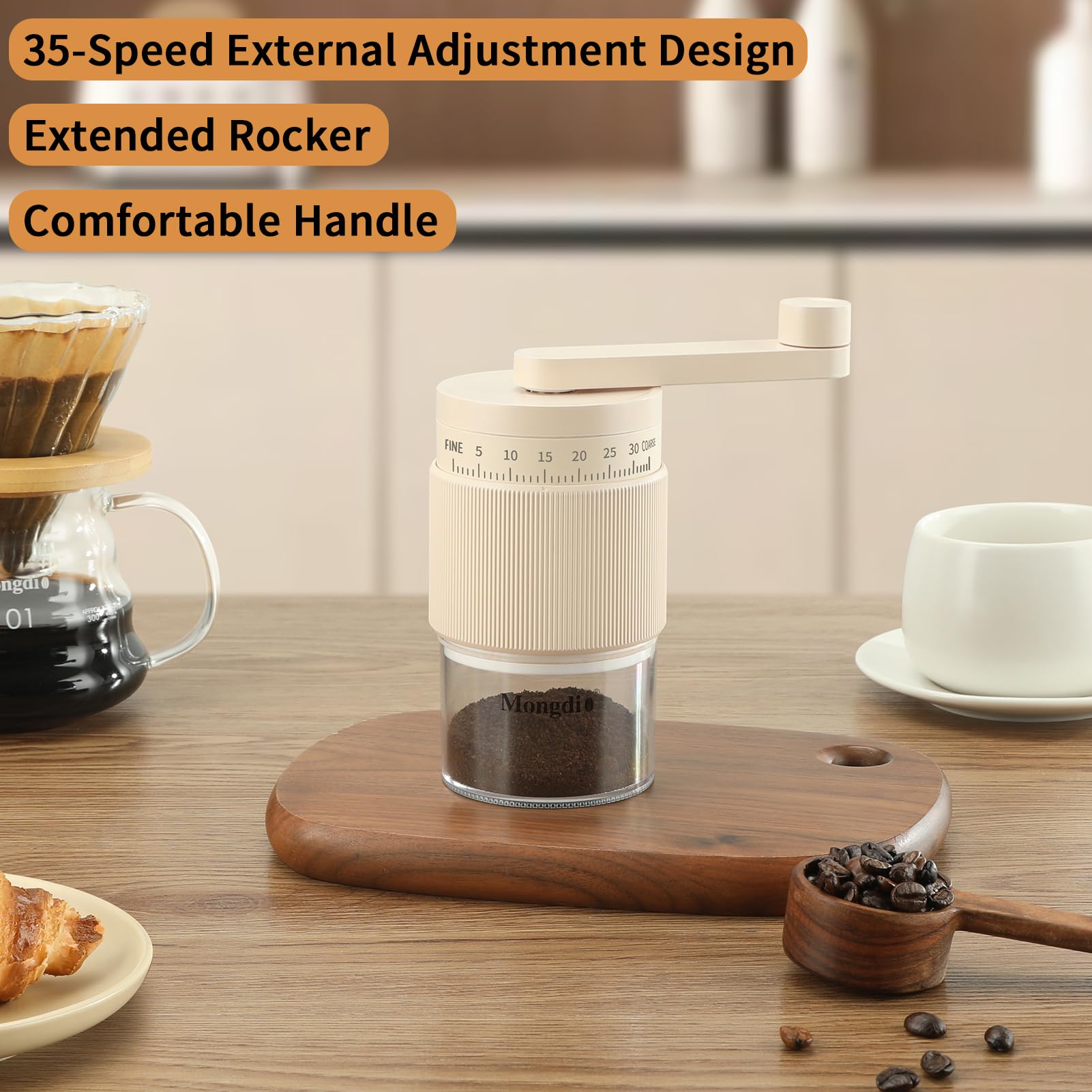 Premium Manual Coffee Grinder - 35 Adjustable Settings, Conical Burr Mill for Espresso, French Press & Cold Brew | Portable Hand Crank Coffee Bean Grinder for Home, Camping & Travel | Durable White Design