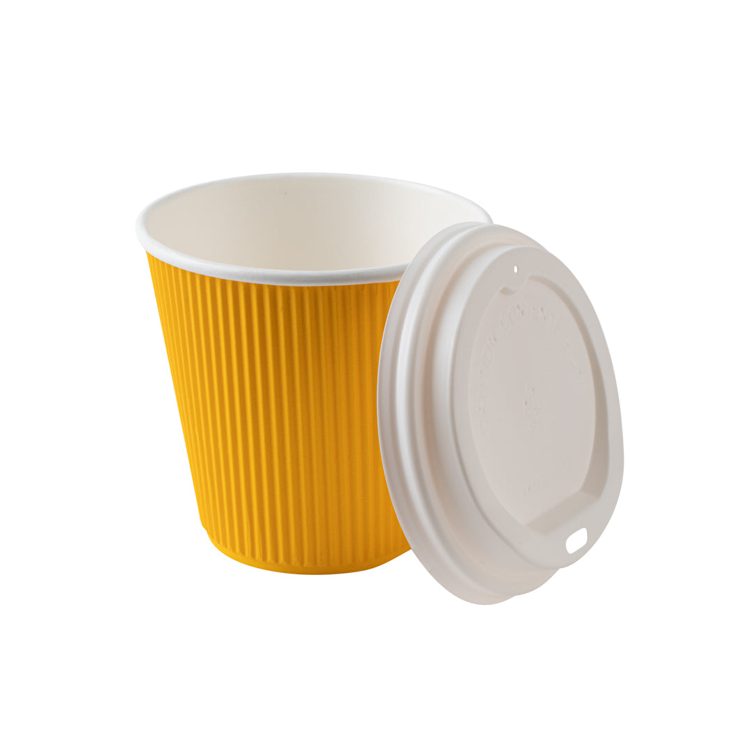 8 oz Yellow Paper Ripple Wall Coffee Cups with White Lids - 3.5