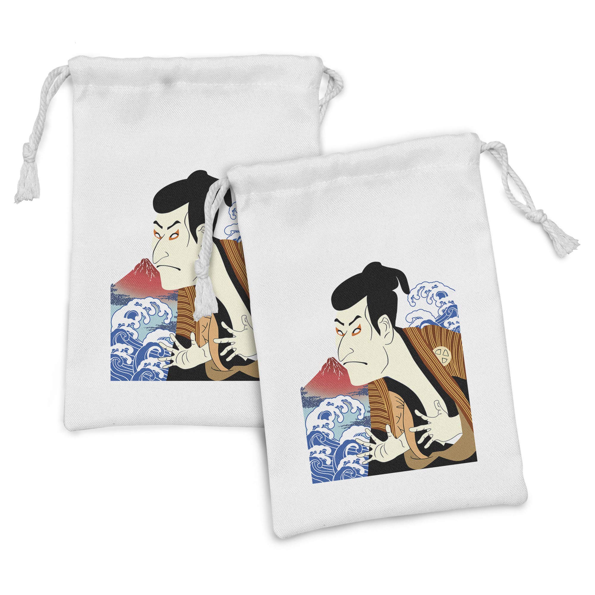 Ambesonne Kabuki Fabric Pouch Set of 2 - Japanese Wave & Mountain Design Drawstring Bags (9
