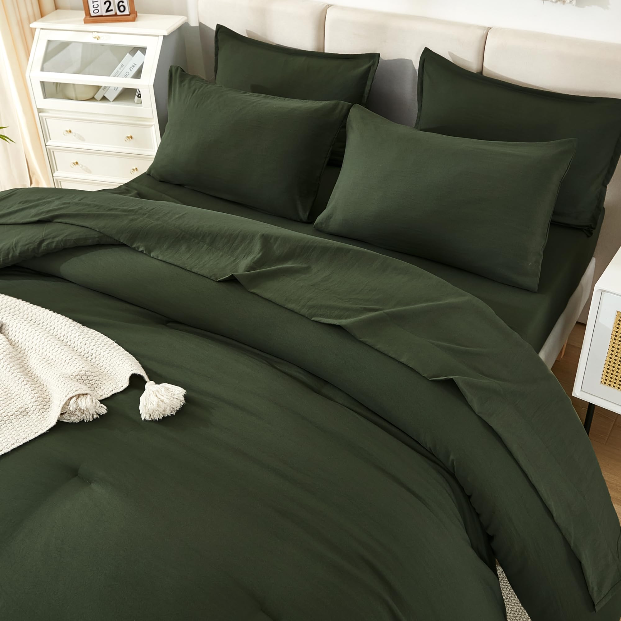 Litanika Dark Olive Green King Size Comforter Set - 7 Piece All-in-One Bedding Bundle with Lightweight Comforter, Sheets & Pillowcases | Perfect for Master Bedroom, Guest Room & Cozy Home Decor