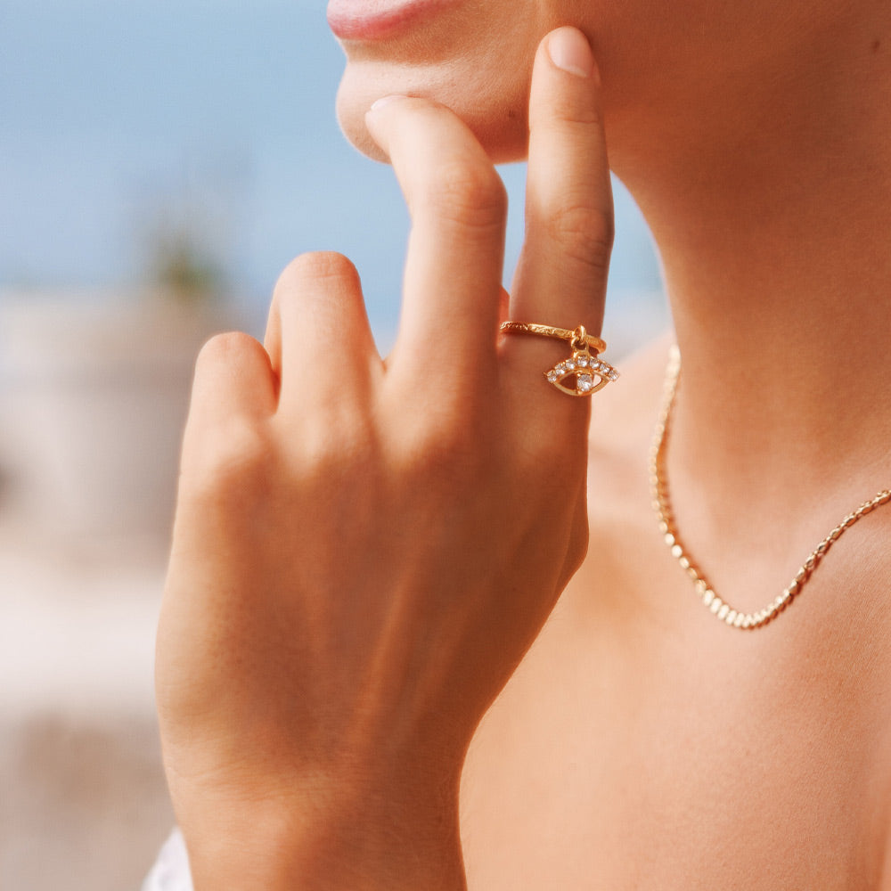 Elegant Petite Greek Eye Ring with Crystals - Perfect for Everyday Wear, Boho Jewelry & Gift Ideas