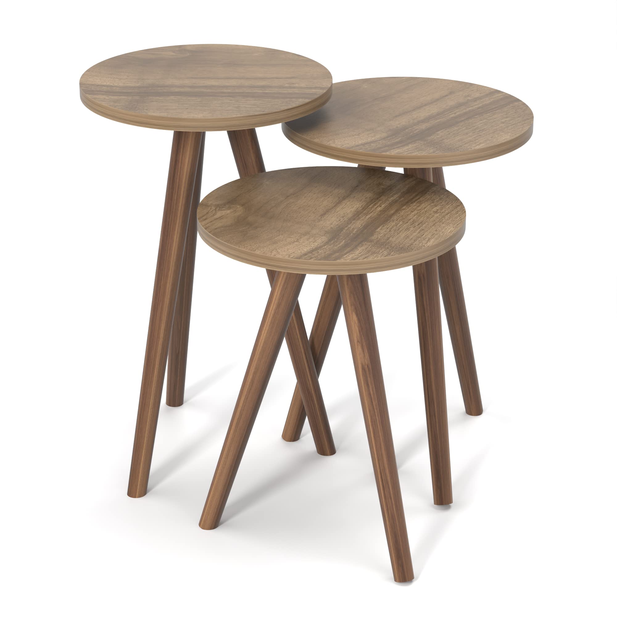 Modern Round Nesting Side Table Set of 3 - Woodgrain Finish with Black Base - Walnut Design Coffee Table & Nightstand for Living Room, Bedroom - Perfect for Small Spaces, Home Decor & Interior Styling