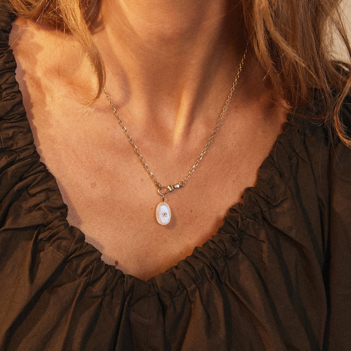 Mama Moonstone Bloom Necklace - 10K Yellow Gold, Genuine Moonstone Gemstone, Sparkling Diamonds - Perfect for Weddings, Anniversaries & Special Occasions