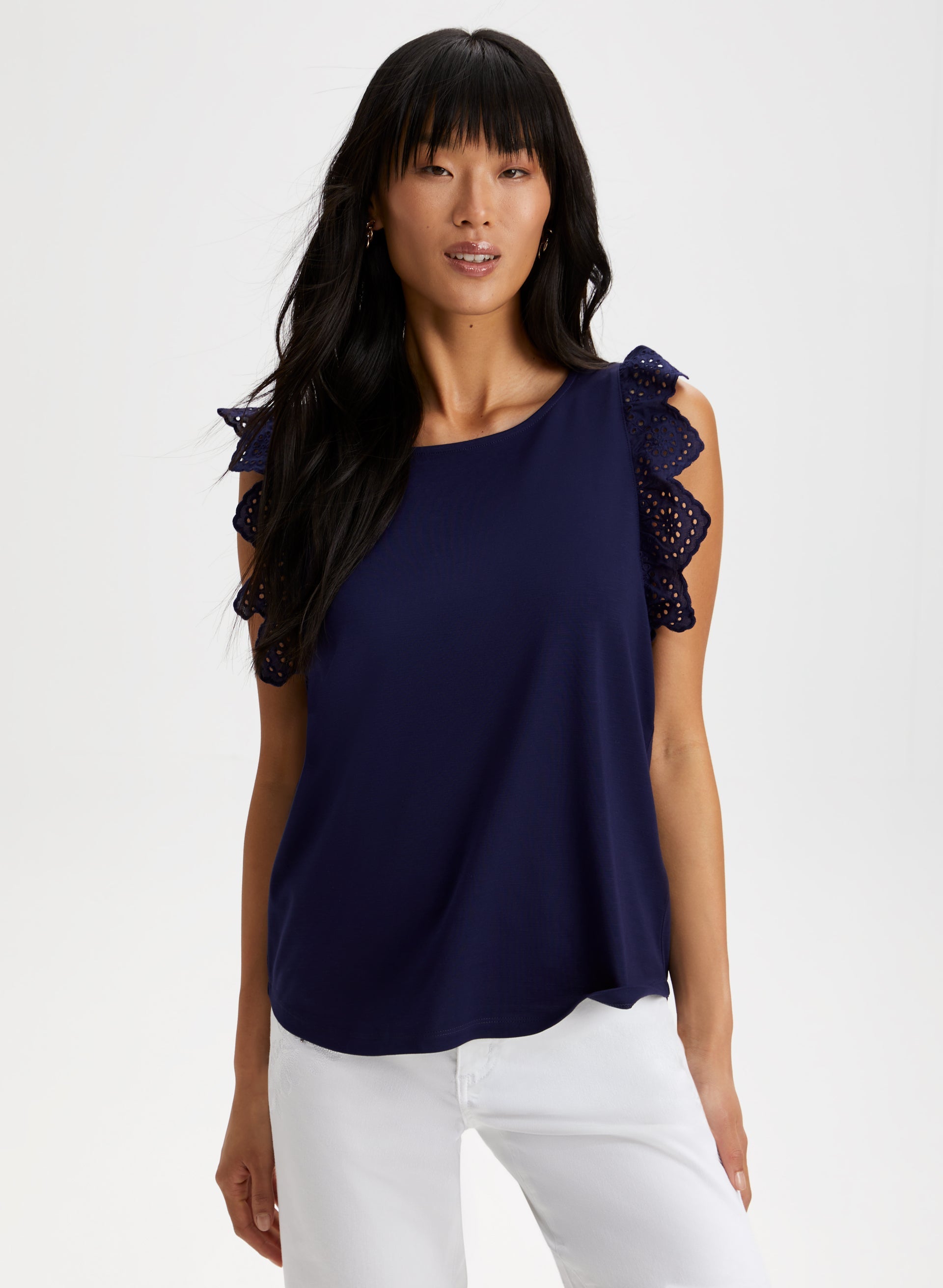 Eyelet Cap Sleeve T-Shirt for Women - Breathable Summer Top with Lace Trim - Perfect for Casual Outings, Beach Wear & Layering