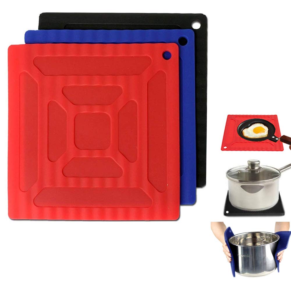 3-Piece Silicone Trivet Set - Heat Resistant Non-Slip Hot Pads & Pot Holders with Spoon Rest - Perfect for Kitchen Countertops, Dining Tables, and Outdoor BBQ Use