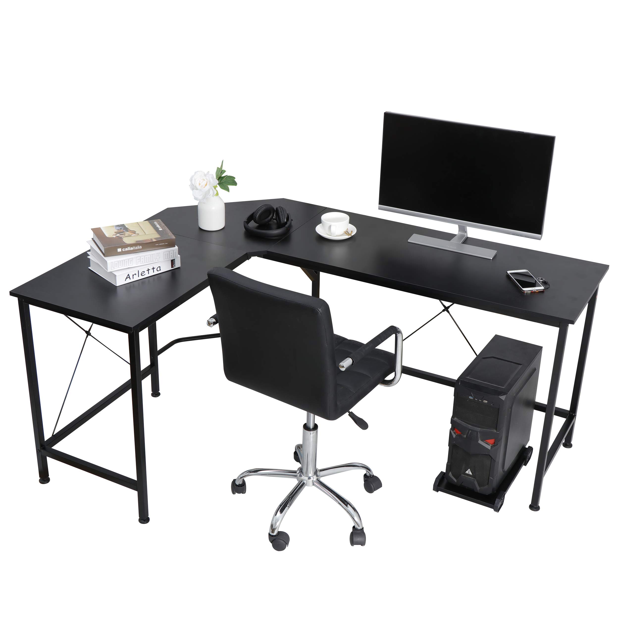 HomGarden L-Shaped Computer Desk - Modern Corner Workstation for PC & Laptop, Sturdy Wood Desktop with Metal Frame (Black) - Perfect for Home Office, Gaming & Study Spaces
