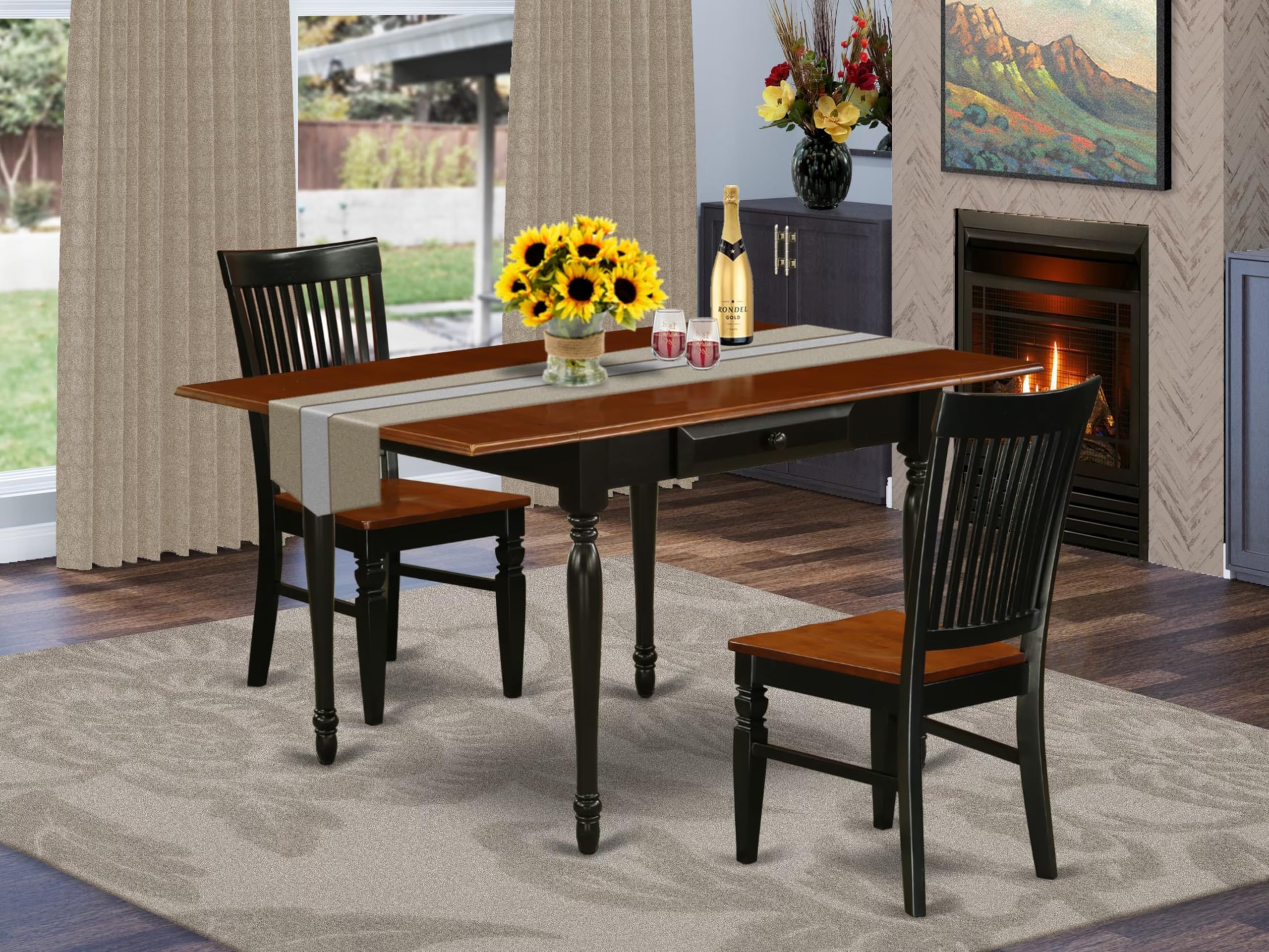 Modern 3-Piece Dining Table Set with Drop Leaf & 2 Chairs - 36x54 Inch Rectangle Wooden Table in Black & Cherry - Perfect for Small Spaces, Apartments & Breakfast Nooks - East West Furniture MZWE3-BCH-W