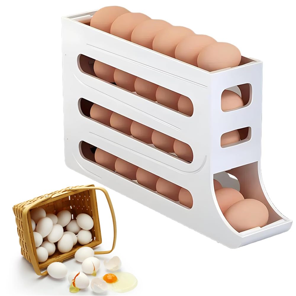 Automatic Scrolling Egg Holder for Refrigerator - Large Capacity Space-Saving Egg Organizer & Dispenser, White Kitchen Storage for Fresh Eggs - Perfect for Breakfast Meal Prep & Home Organization