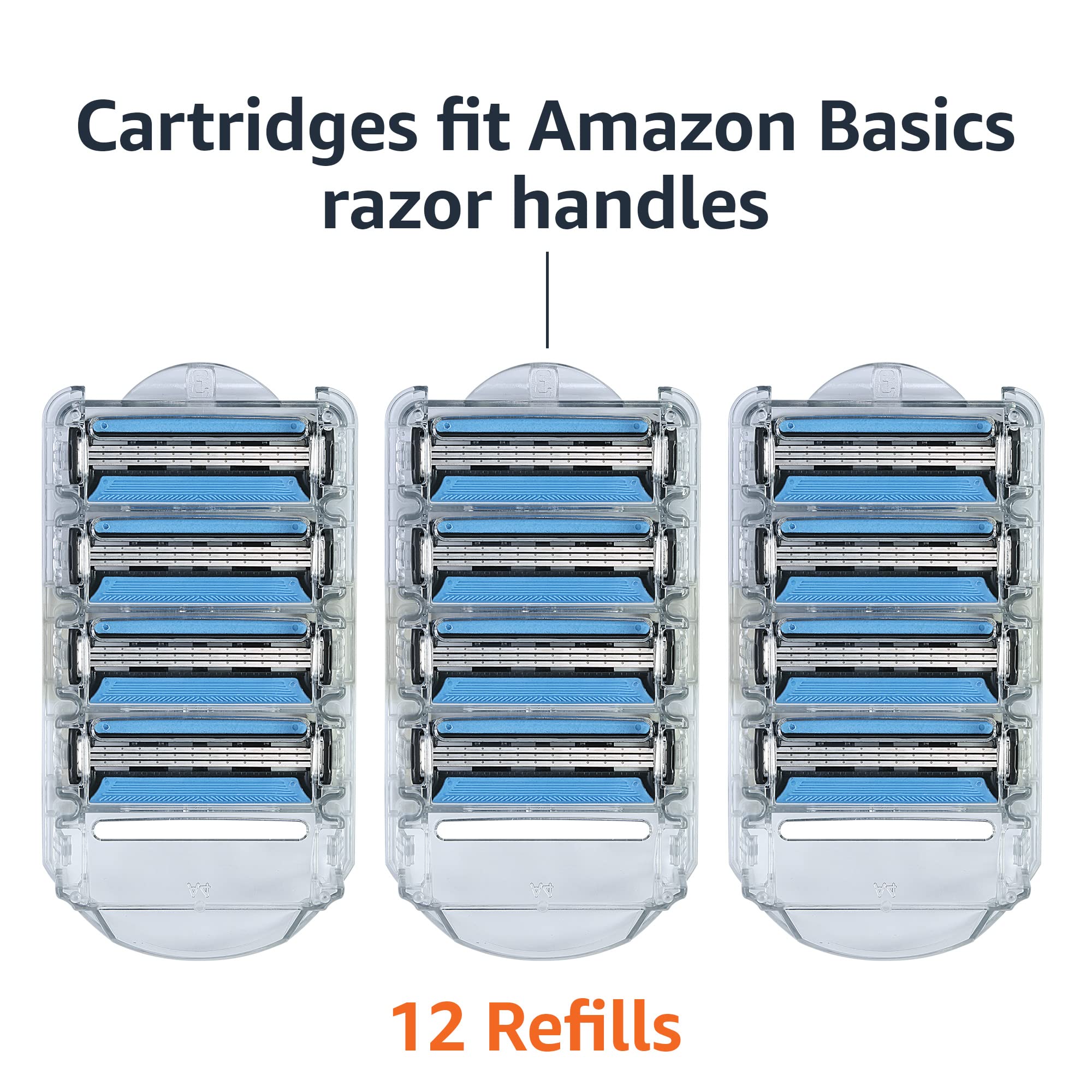 Amazon Basics 3-Blade Razor Refills for Men - 12 Cartridges with Dual Lubrication | Compatible with Amazon Basics Razor Handles | Smooth Shaving for Face, Body & Head | Premium Shaving Essentials for Daily Grooming Routine