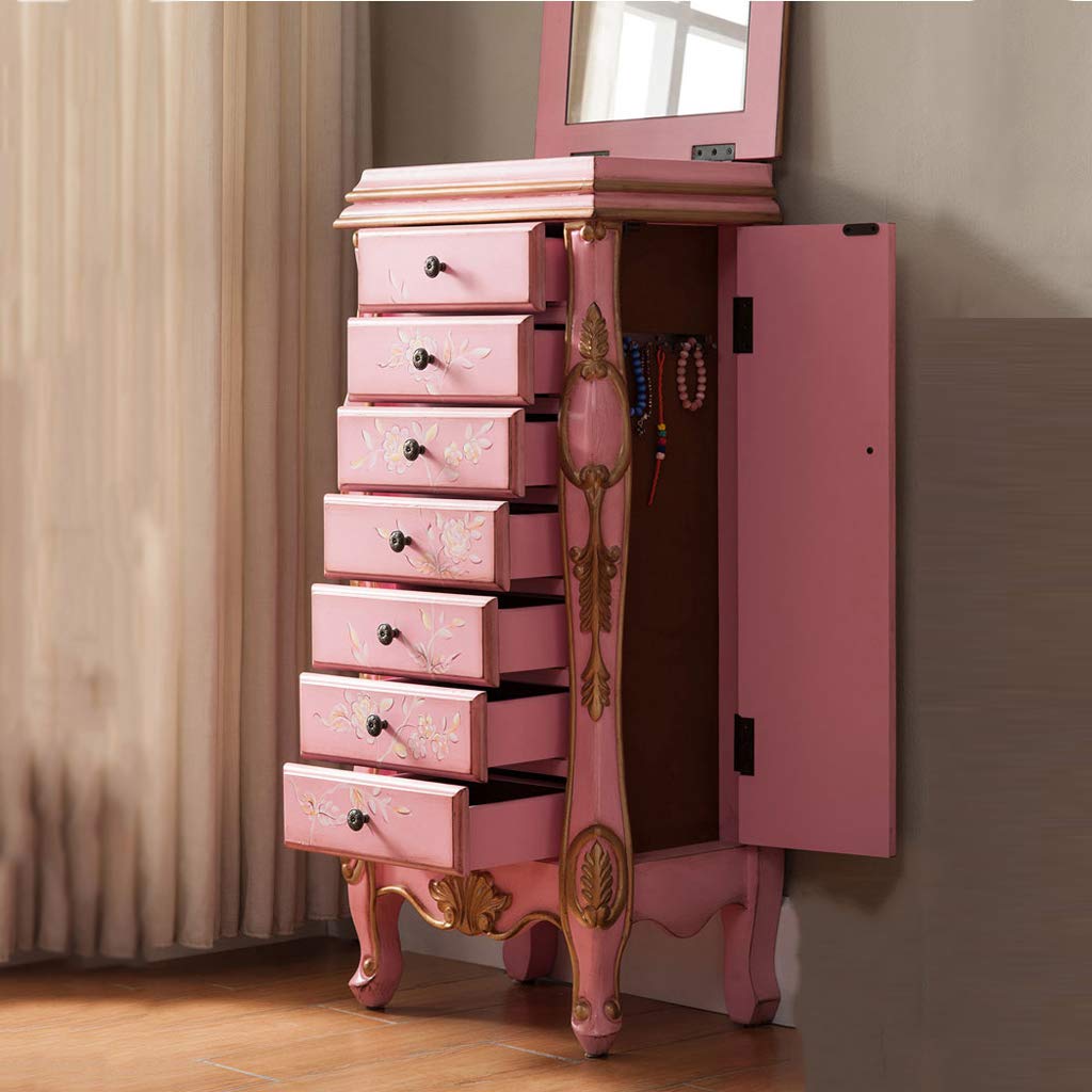 Lxn 7-Drawer Standing Cabinet Storage Chest with 2 Swing Doors & 12 Necklace Hooks - Makeup Mirror & Top Organizer - Large Freestanding Wardrobe for Bedroom, Closet & Dressing Room Organization