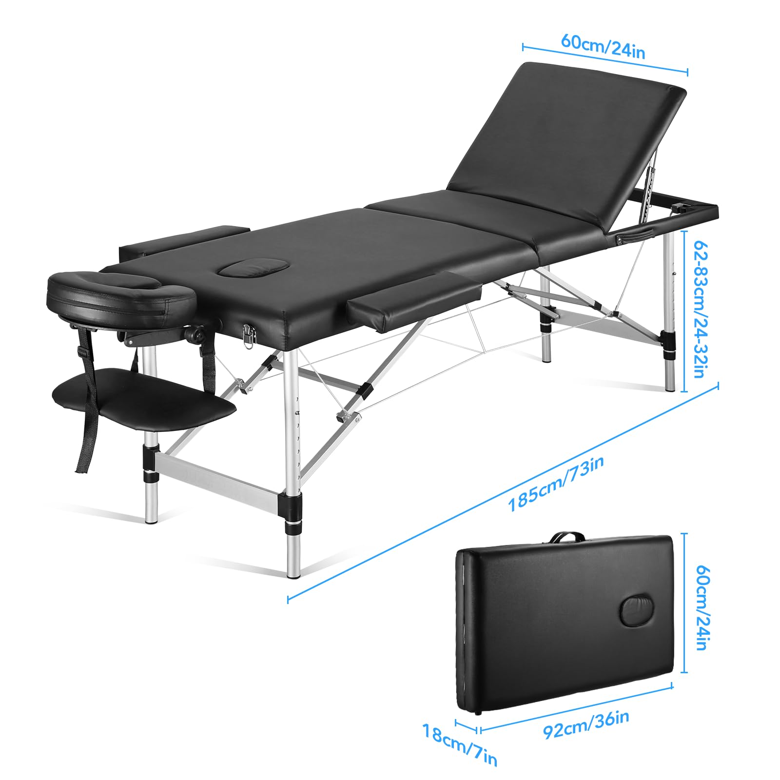 Careboda Professional Portable Massage Table - 82 Inch Adjustable Height 3-Fold Massage Bed for Spa, Salon, Lash & Tattoo - Lightweight Aluminum Frame with Carrying Bag (Black) - Perfect for Home Use, Mobile Therapists & Professional Settings