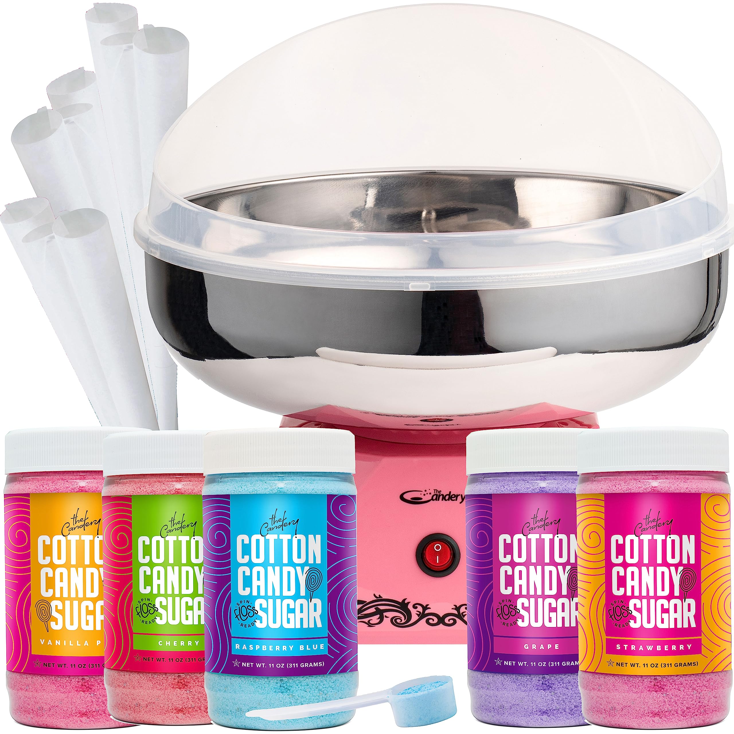 The Candery Cotton Candy Machine 2.0 with Stainless Steel Bowl & Floss Sugar Bundle - Perfect for Birthday Parties, Carnivals, Fairs, Festivals - Includes 5 Floss Sugar Flavors (12oz Jars) & 50 Paper Cones - Make Delicious Cotton Candy at Home or Events