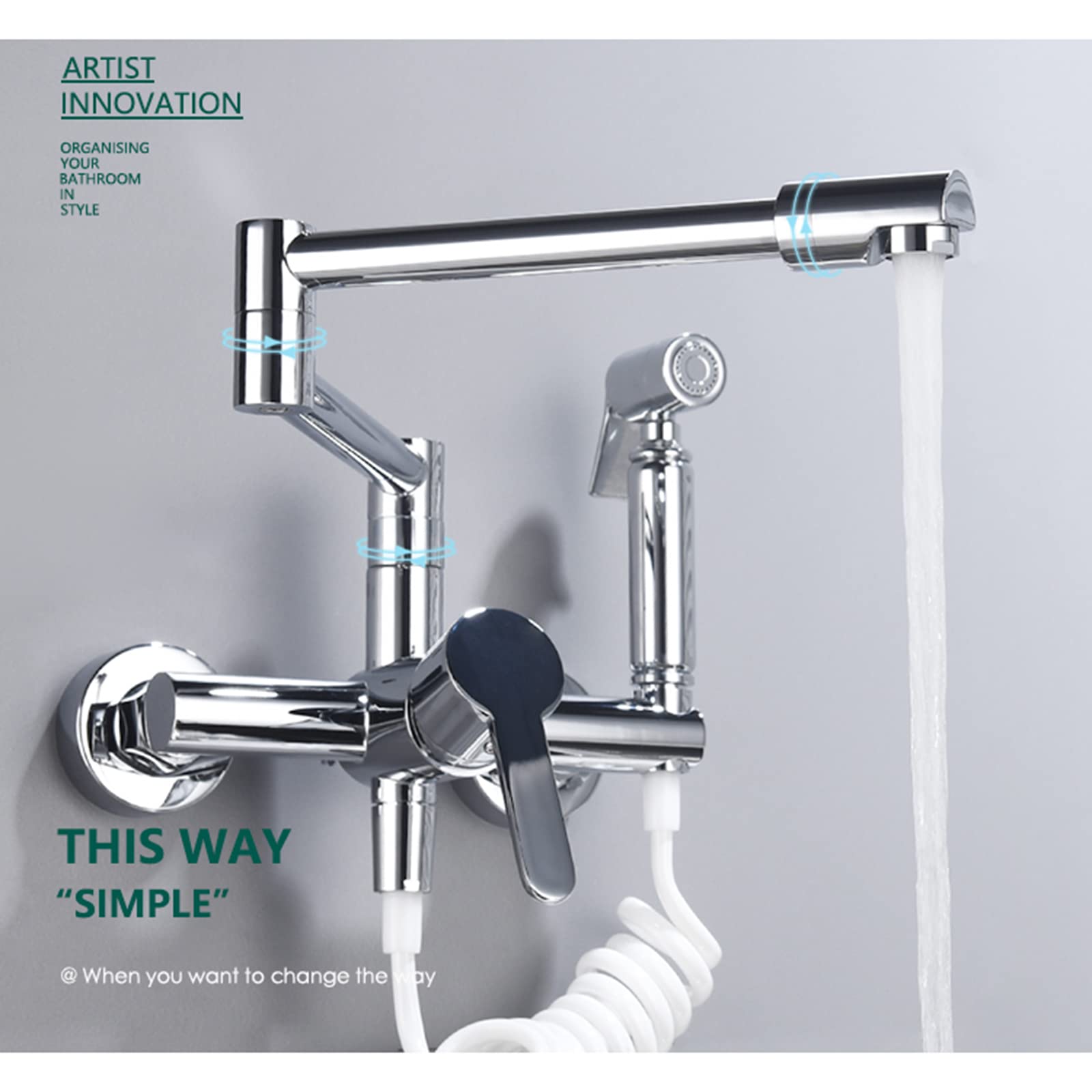 Commercial Brass Wall Mount Kitchen Faucet - Hot & Cold Water 2-Function Swing Arm Pot Filler with Folding Stretchable Double Joint - Chrome Finish for Restaurant & Home Kitchen Sink Installation