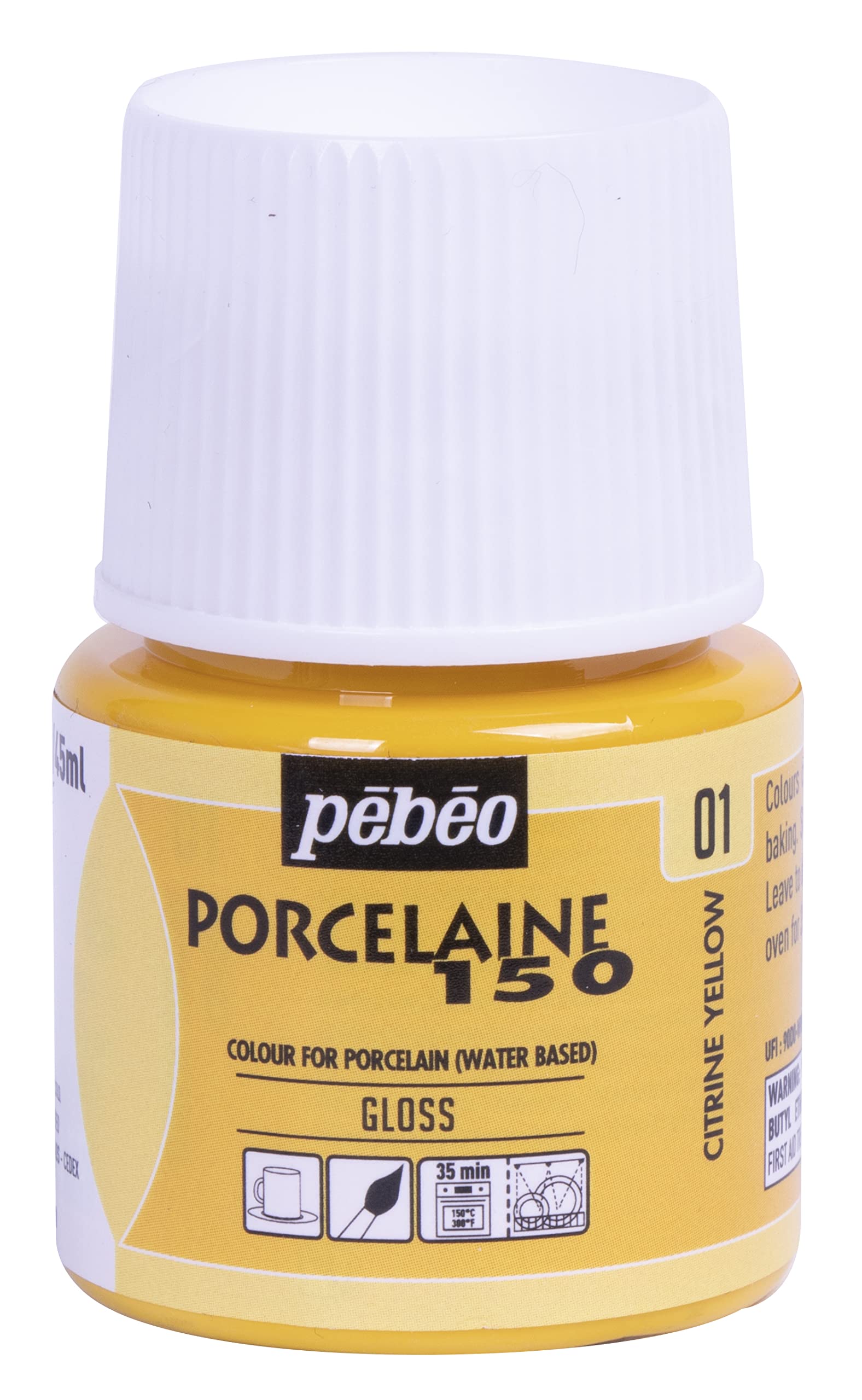 Pebeo Porcelaine 150 Ceramic Paint - 45ml Citrine Yellow for DIY Crafts, Pottery & Glass Painting - Opaque Water-Based Paint for Artists & Hobbyists