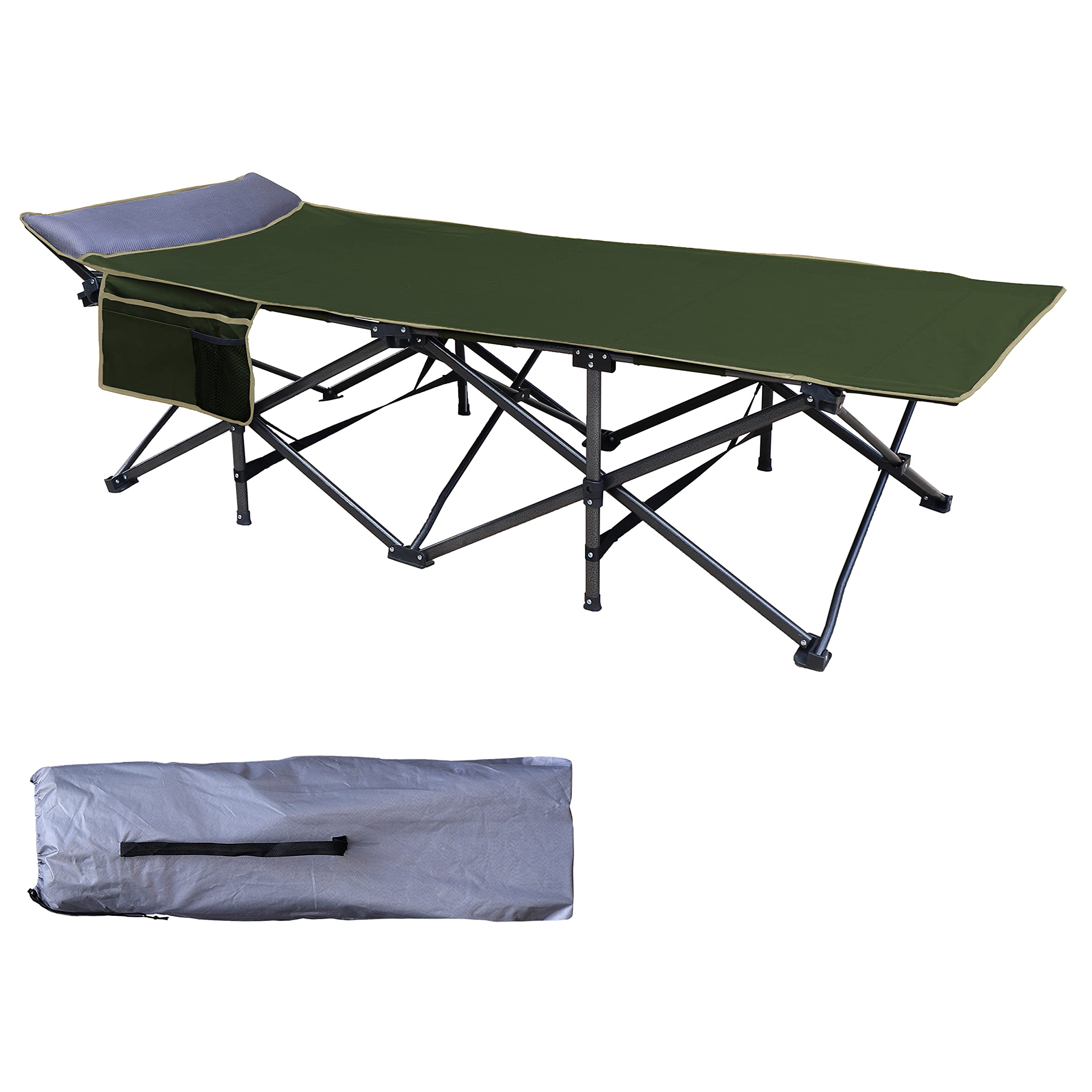OSAGE RIVER XL Heavy Duty Folding Camping Cot with Storage Pocket & Built-in Pillow - Supports 440 lbs - Portable Sleeping Bed for Adults - Perfect for Backpacking, Hiking, Travel, Camping & Outdoor Adventures