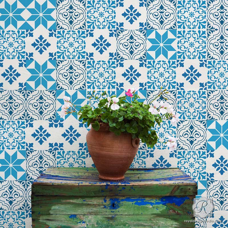Mediterranean Tile Stencil Set for DIY Home Decor - Reusable Painting Templates for Walls, Floors, and Furniture - Perfect for Kitchen Backsplash, Bathroom, and Outdoor Projects