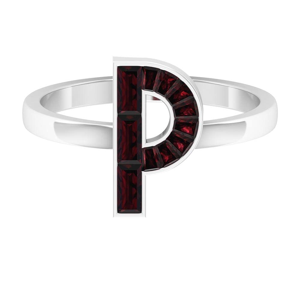 14K White Gold Garnet Initial Rings A to Z - Personalized Alphabet Letter Rings with Baguette Garnets & Channel Setting - Perfect for Birthdays, Anniversaries & Meaningful Gifts