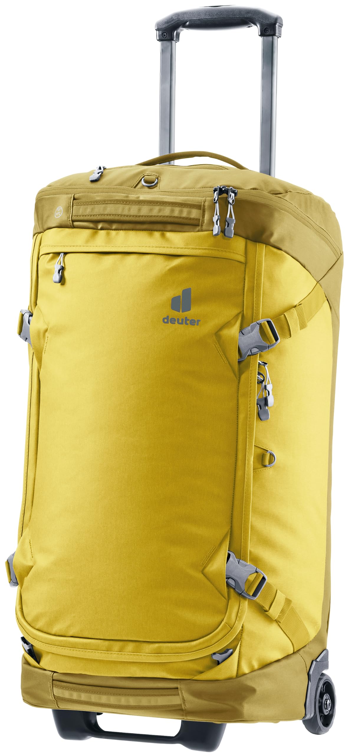 Deuter Aviant Duffel Pro Movo 60L Rolling Duffle Bag - Convertible Backpack for Sports, Gym, Hiking & Travel - Water-Resistant Luggage with Wheels - Perfect for Airports, Camping & Outdoor Adventures - Corn-Turmeric Color