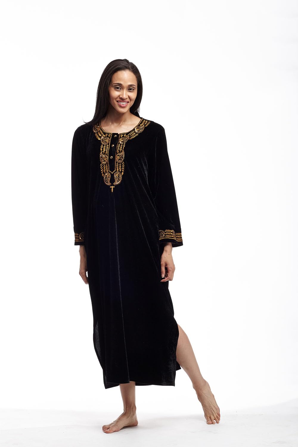 LA CERA Women's Velvet Embroidered Dress - Elegant Scoop Neck Long Sleeve Formal Dress with Side Pockets for Holiday Parties, Weddings & Evening Events (Hand Wash Only)