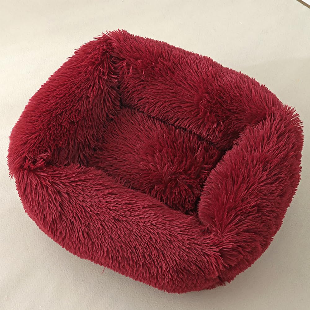 Calming Anti-Anxiety Plush Faux Fur Dog & Cat Bed - Soft Square Pet Cot for Small & Medium Pets, High-Stretch Cotton with Non-Slip Bottom (Burgundy) - Perfect for Crate Training, Anxiety Relief & Cozy Napping