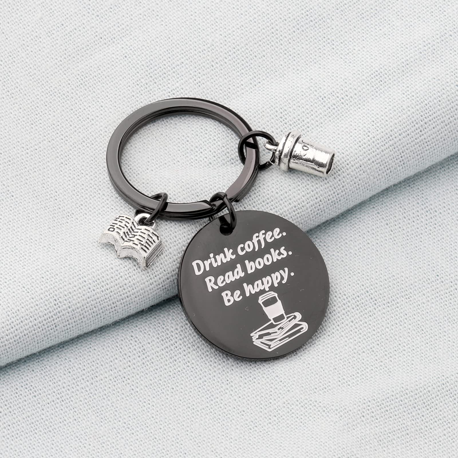 BEKECH Book & Coffee Lovers Gift Keychain - Inspirational 'Drink Coffee Read Books Be Happy' Charm - Perfect for Readers, Writers & Bibliophiles (Great for Book Clubs, Gifts & Everyday Carry)