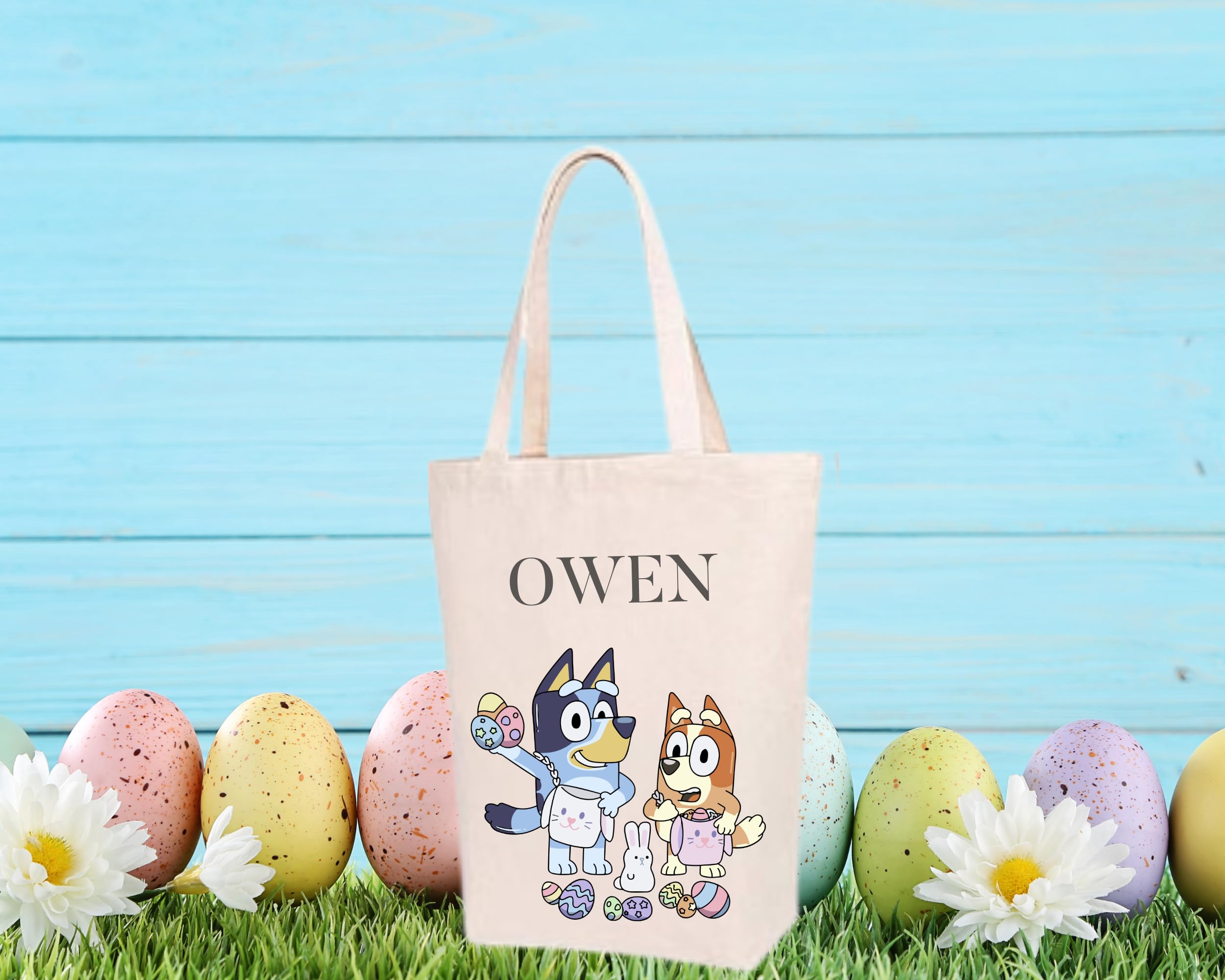Personalized Blue Easter Basket Bag for Boys & Girls - Custom Bluey Themed Kids Easter Gift Set with Stuffer Space (13