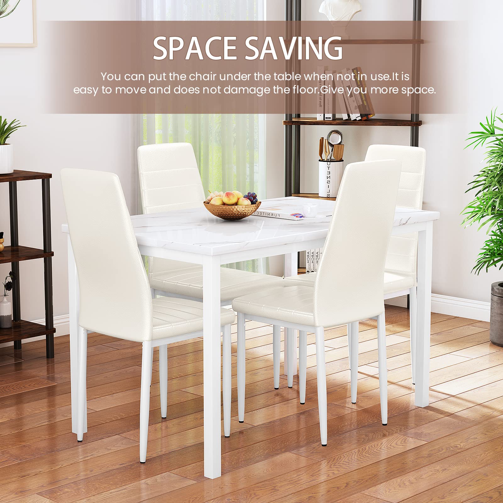 Modern 5-Piece Dining Table Set for 4 - White Faux Marble Kitchen Table with Upholstered Leather Chairs | Space-Saving Dining Room Furniture for Small Spaces, Breakfast Nook & Apartment Dinette | Perfect for Family Meals, Entertaining Guests & Cozy Dining