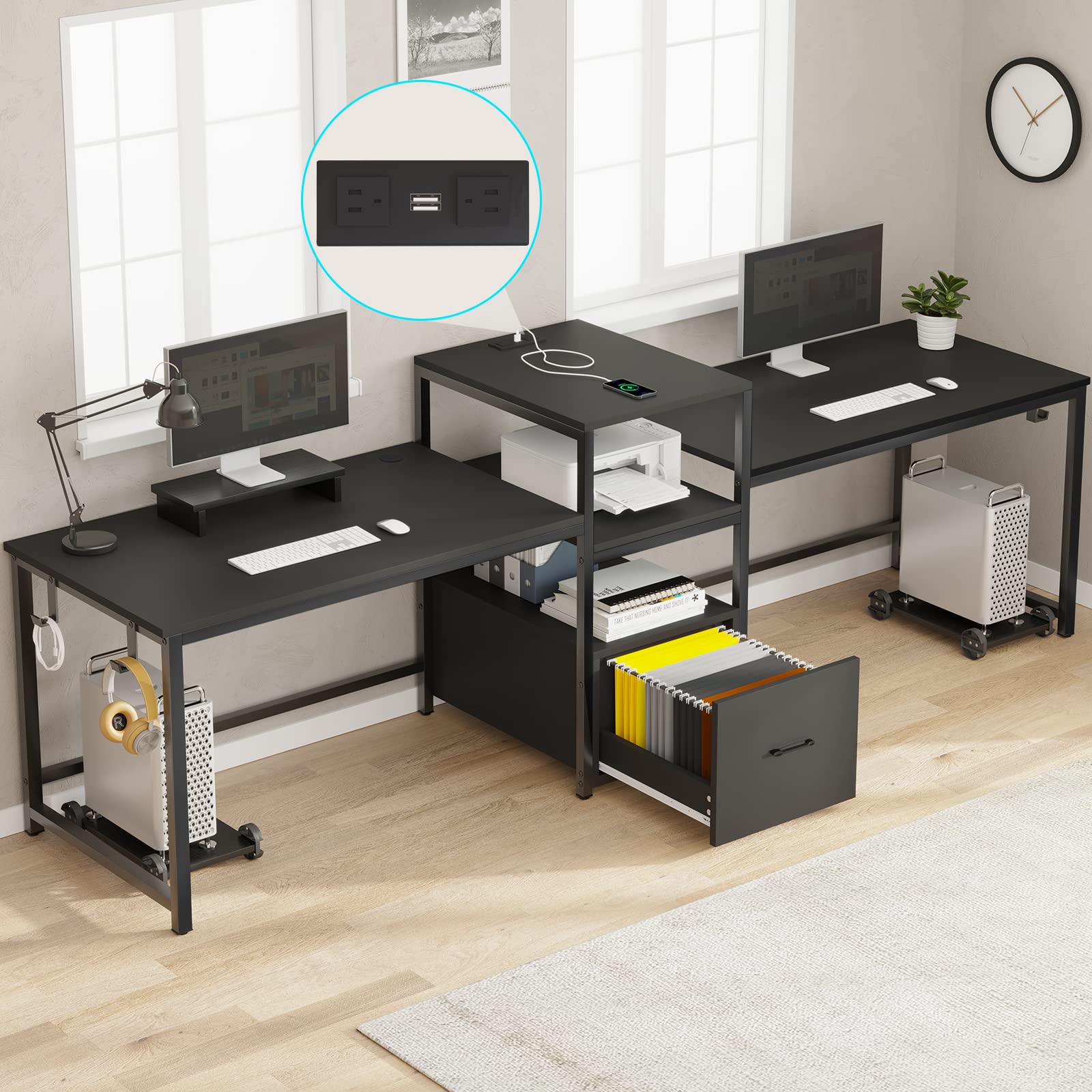 SEDETA 98 Inch Large Office Desk for 2 People with File Drawer, USB Power Strip, Storage Shelf & Monitor Stand - Black | Home Office Computer Desk for Work, Study & Gaming