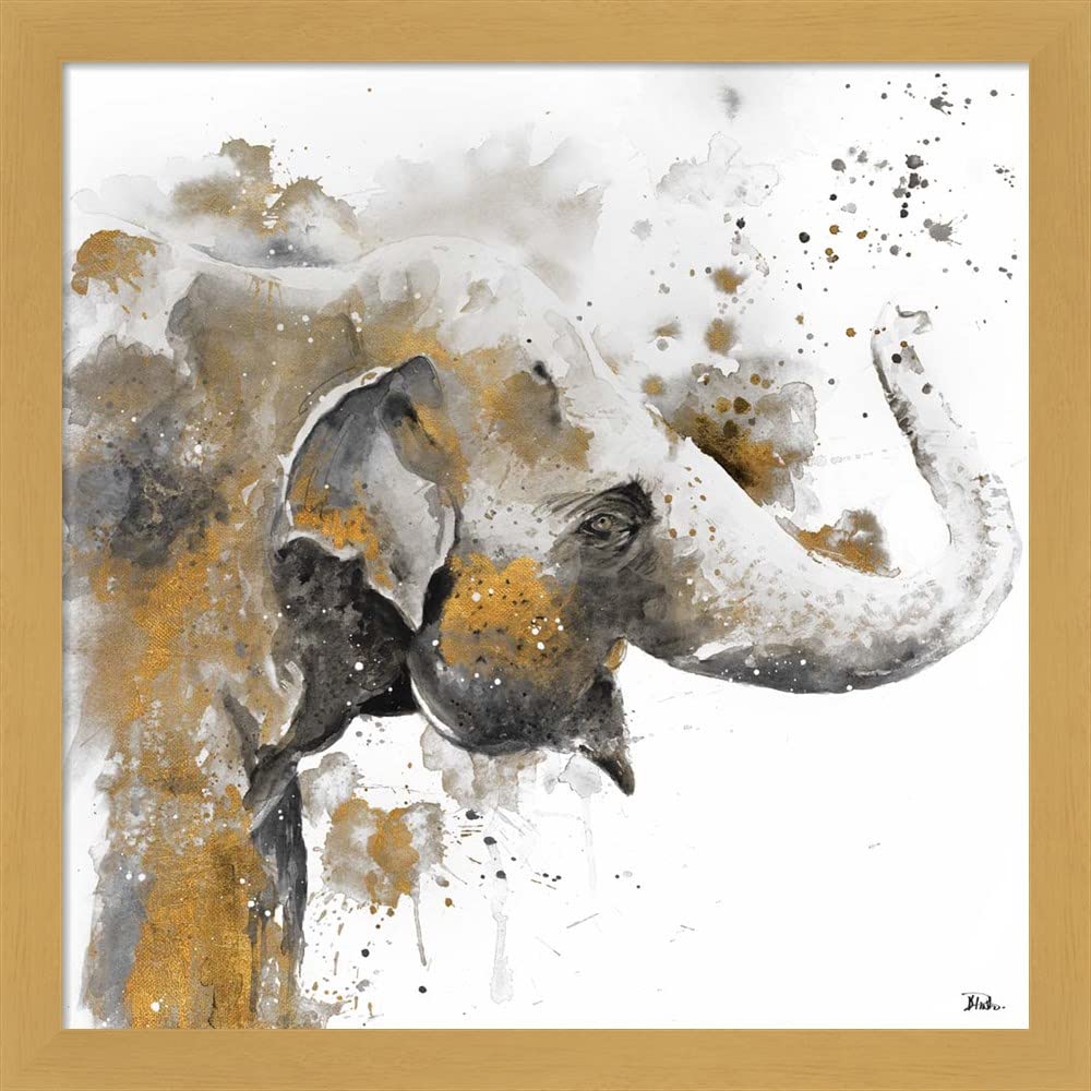 Patricia Pinto Water Elephant with Gold Framed Art Print - 13x13 Inch Wall Decor with Deep Natural Frame - Perfect for Living Room, Bedroom & Office Decor
