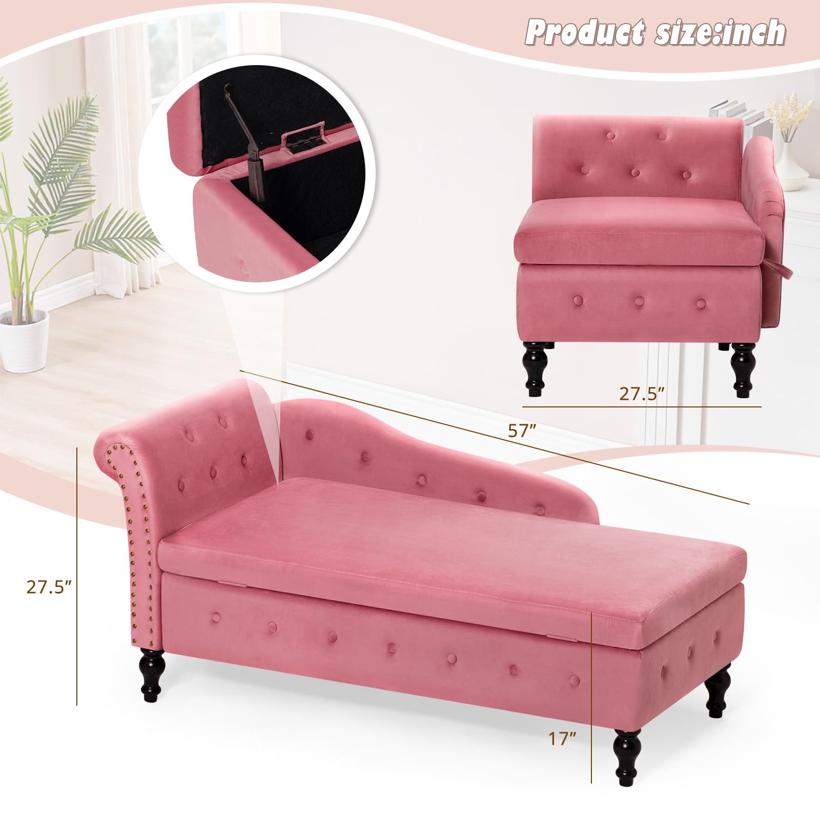 Velvet Upholstered Chaise Lounge with Left Armrest & Storage Space, Button Tufted Modern Lounge Chair with Lumbar Pillow - Pink Accent Furniture for Bedroom, Living Room & Office - Perfect for Relaxing, Reading or Napping