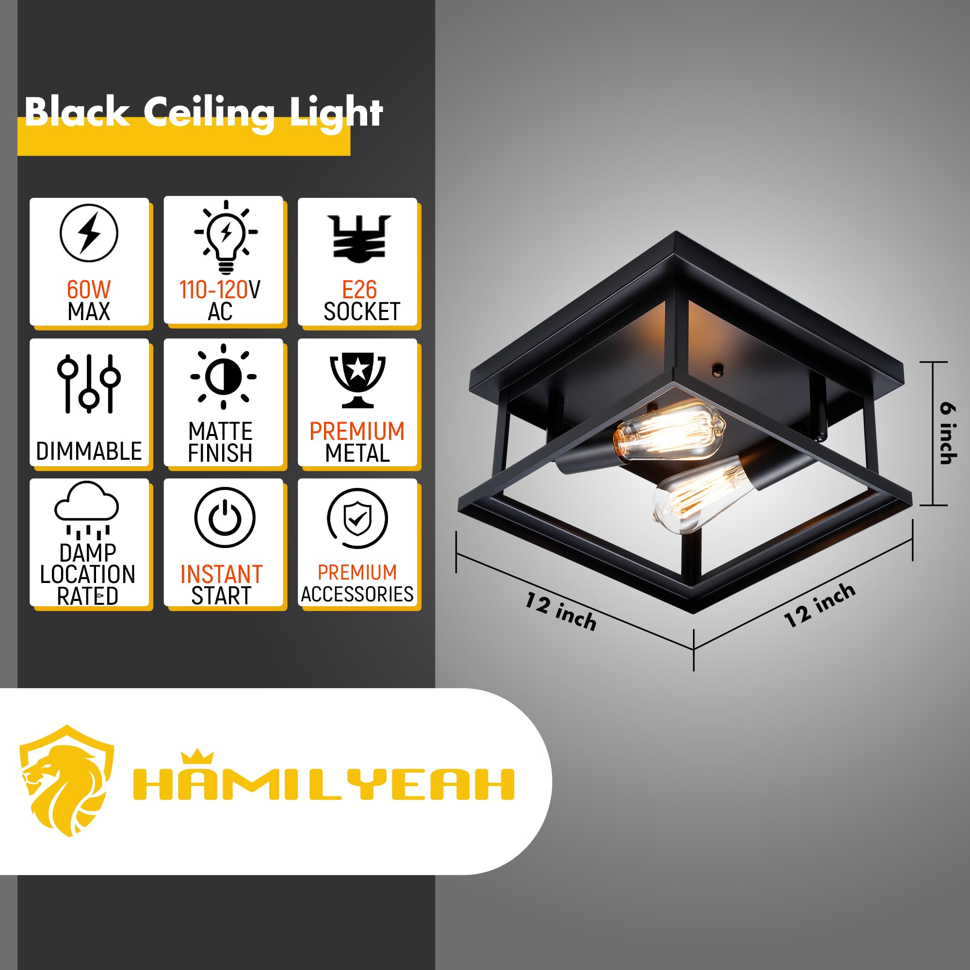 Hamilyeah Black Flush Mount Ceiling Light Fixture - Modern Farmhouse Lighting for Bedroom, Kitchen, Porch, Patio & Hallway | Indoor & Outdoor Use | Dimmable LED Ceiling Lights for Home Decor