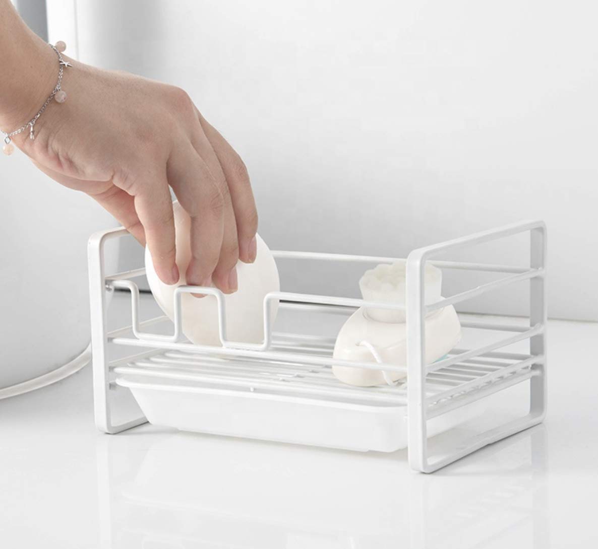Stainless Steel Sponge Holder for Kitchen Sink with Drain Pan - Rustproof Sink Caddy Organizer - Removable Tray for Soap & Scrubber - Perfect for Dishwashing, Countertop Organization & Small Kitchen Storage