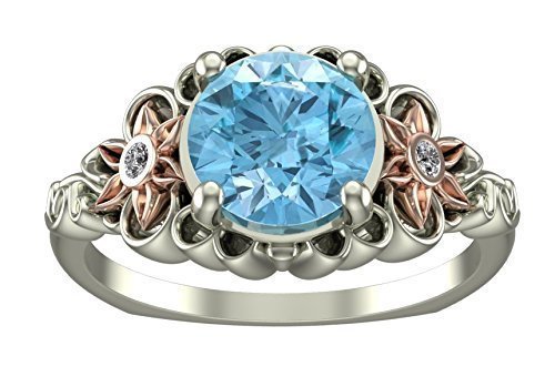 Unique Two-Tone White Rose Gold Aquamarine Flower Engagement Ring with Leaves Design by Vidar Boutique - Perfect for Proposals, Weddings & Anniversary Gifts